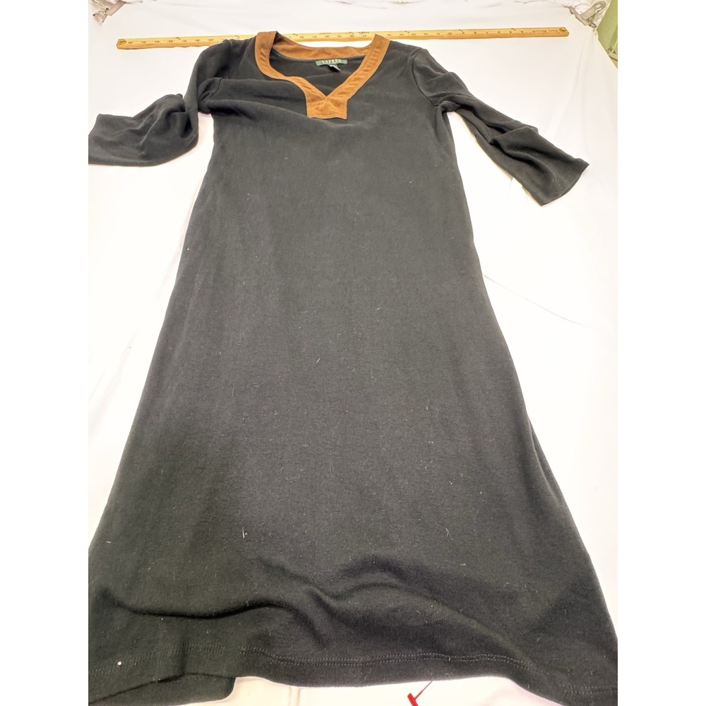 Lauren Ralph Lauren Sweater Dress Small Black Faux Leather V Neck Western Rodeo